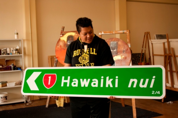 Margaret Aull with her work, "Seek Utopia - The Way Home (series), Hawaiki nui: 2/4" (2012)