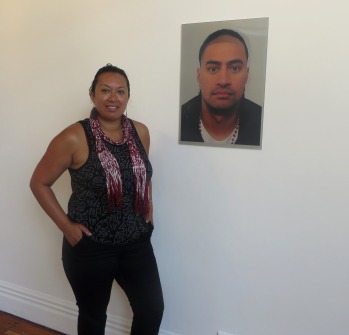 Leilani Kake with her work, "MALE: Maori or Polynesian" (2014), photo by Ema Tavola